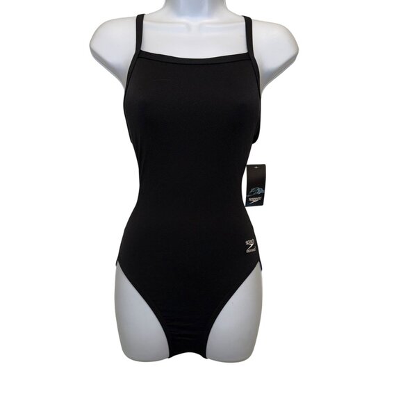 NWT Speedo Endurance + One Piece Swimsuit Womens 6 32 Black White Solid - Picture 1 of 7